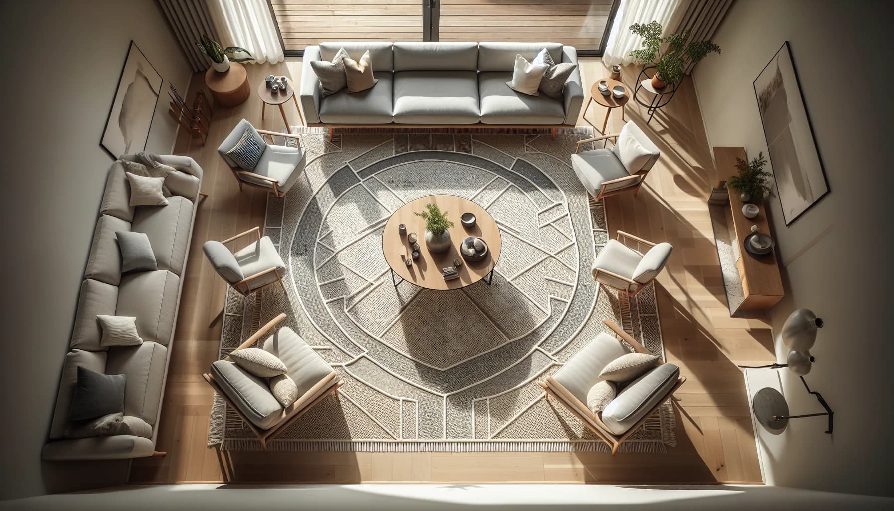 Vardagsrum med stor matta 240x340 cm där alla möblers framben står på mattan