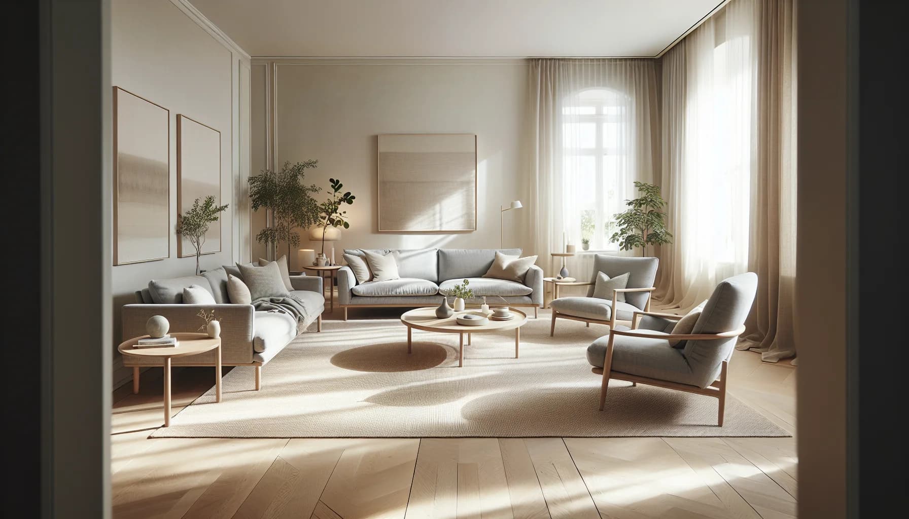 Stor matta i ljust skandinaviskt vardagsrum med soffgrupp där alla möblers framben står på mattan