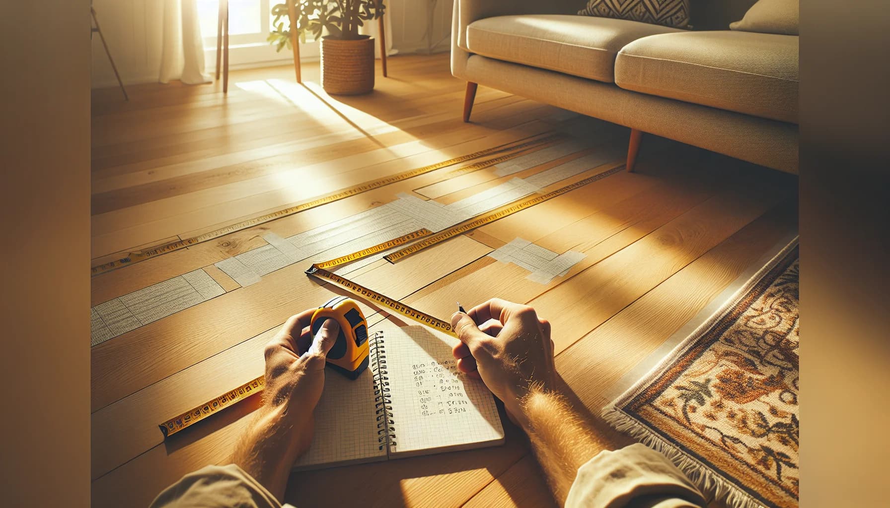 Person som mäter golvet med måttband inför köp av stor matta – steg 1 i checklistan för att välja rätt storlek