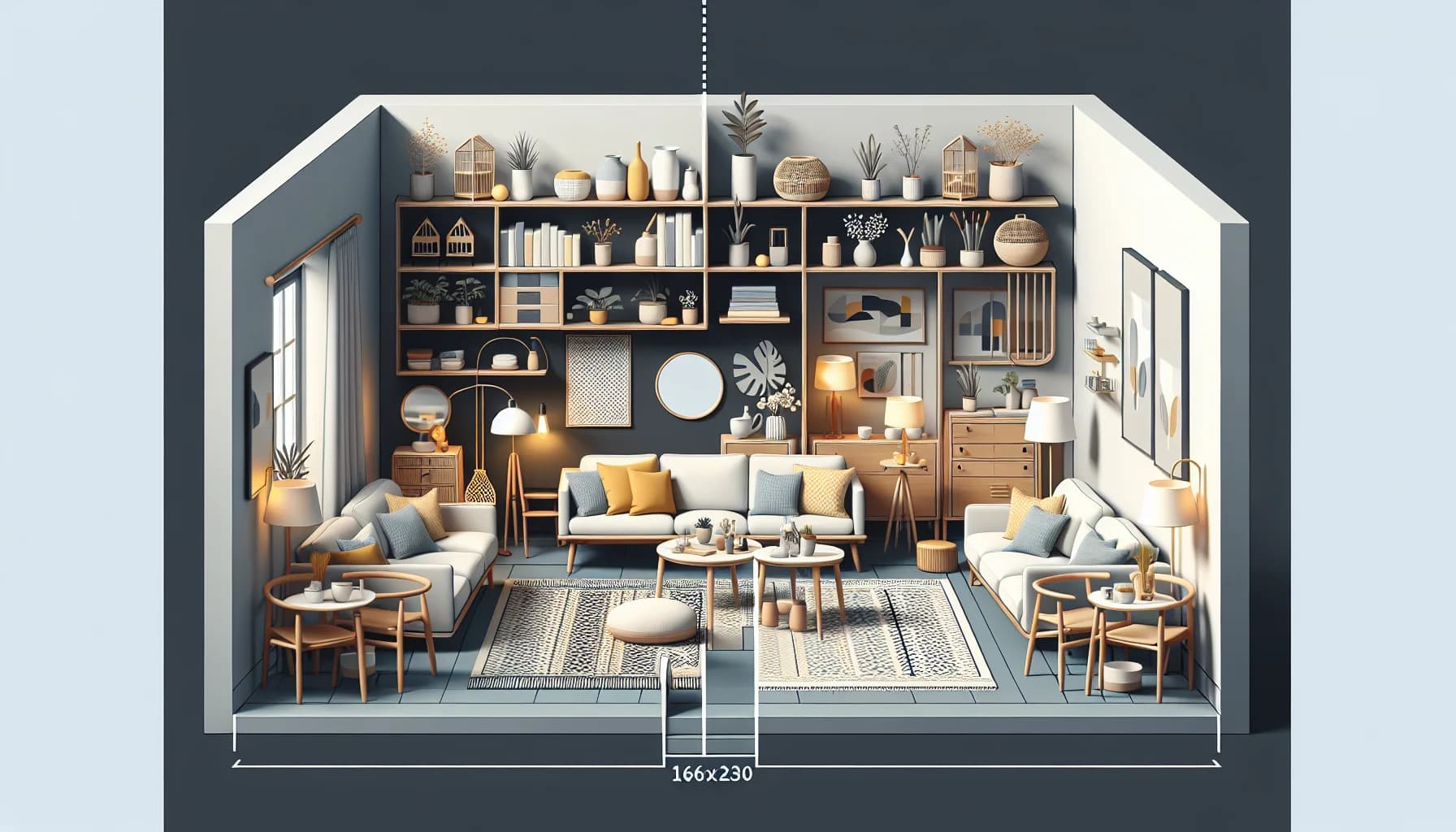 Jämförelse av stor matta vs liten matta i vardagsrum – stor matta binder samman möblerna medan liten matta ser ut som en ö