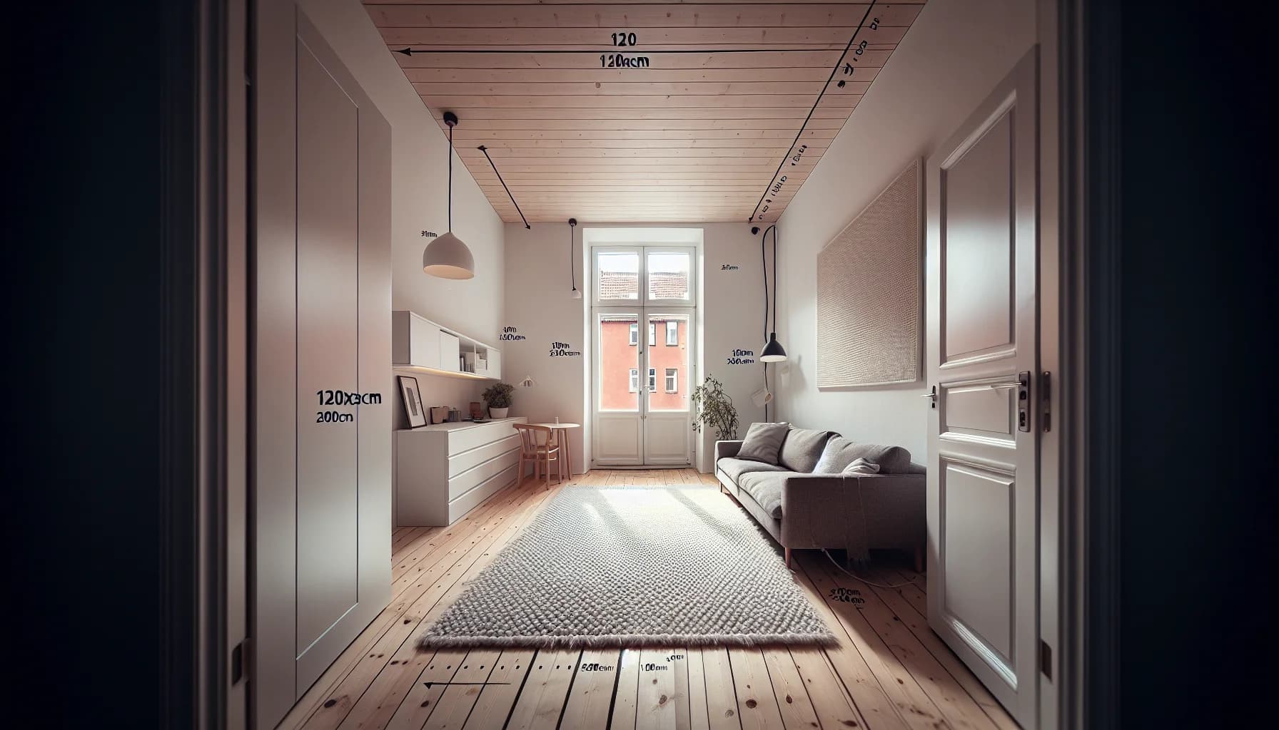 Litet vardagsrum med för liten matta 120x170 cm som delar golvet och gör rummet ännu mindre