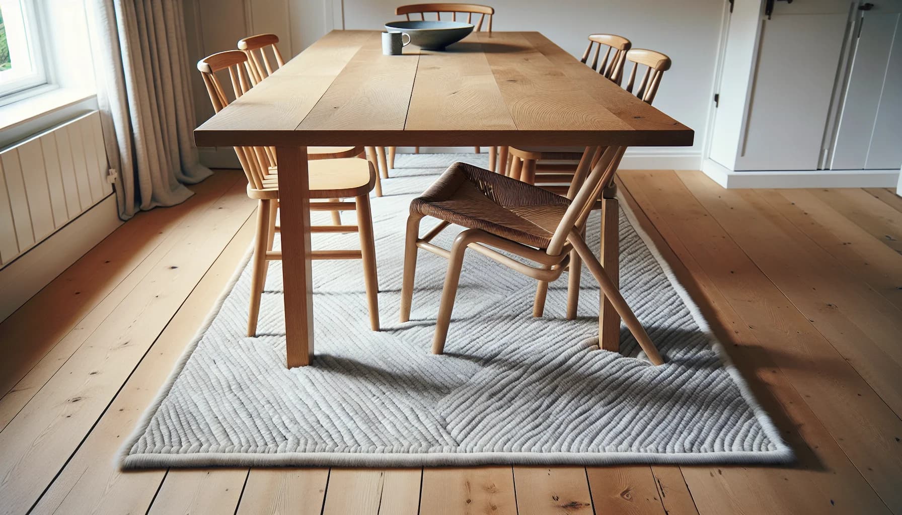 Matbord med för liten matta där stolarna halkar av mattkanten vid utdragning