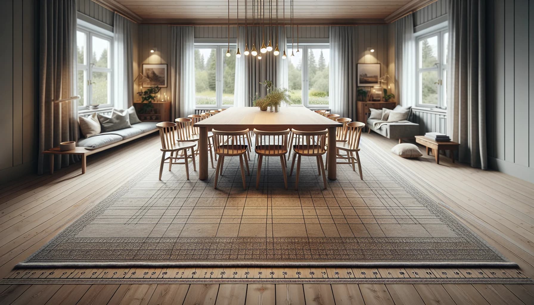 Matbord med stor matta 240x340 cm där alla stolar har plats även i utdraget läge