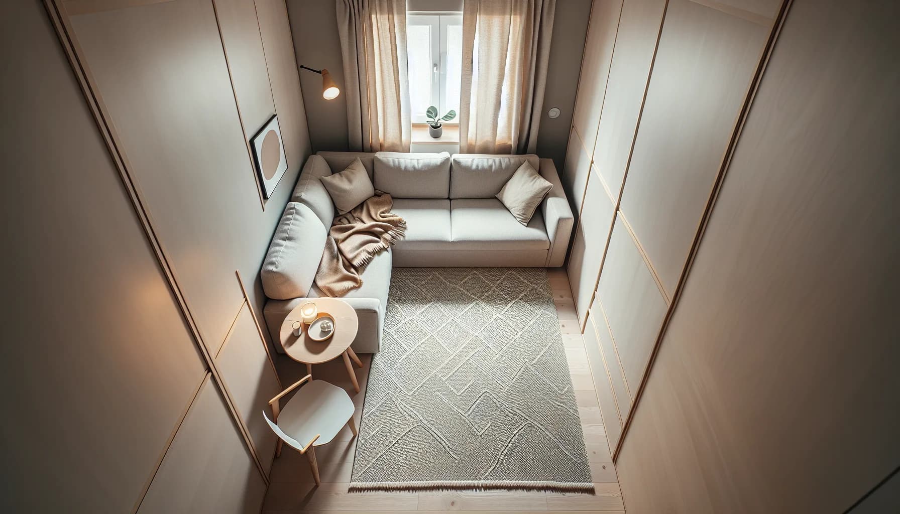 Matta 170x240 cm i litet vardagsrum med kompakt soffa – minsta stora mattstorleken