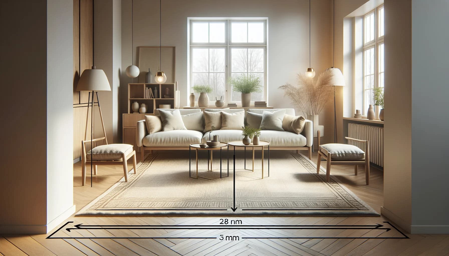 Matta korrekt centrerad under soffgruppen med jämna marginaler på alla sidor