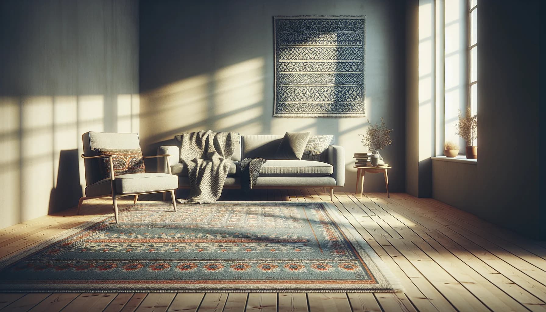 Matta felplacerad mot ena väggen i vardagsrum – asymmetrisk placering med bart golv på andra sidan