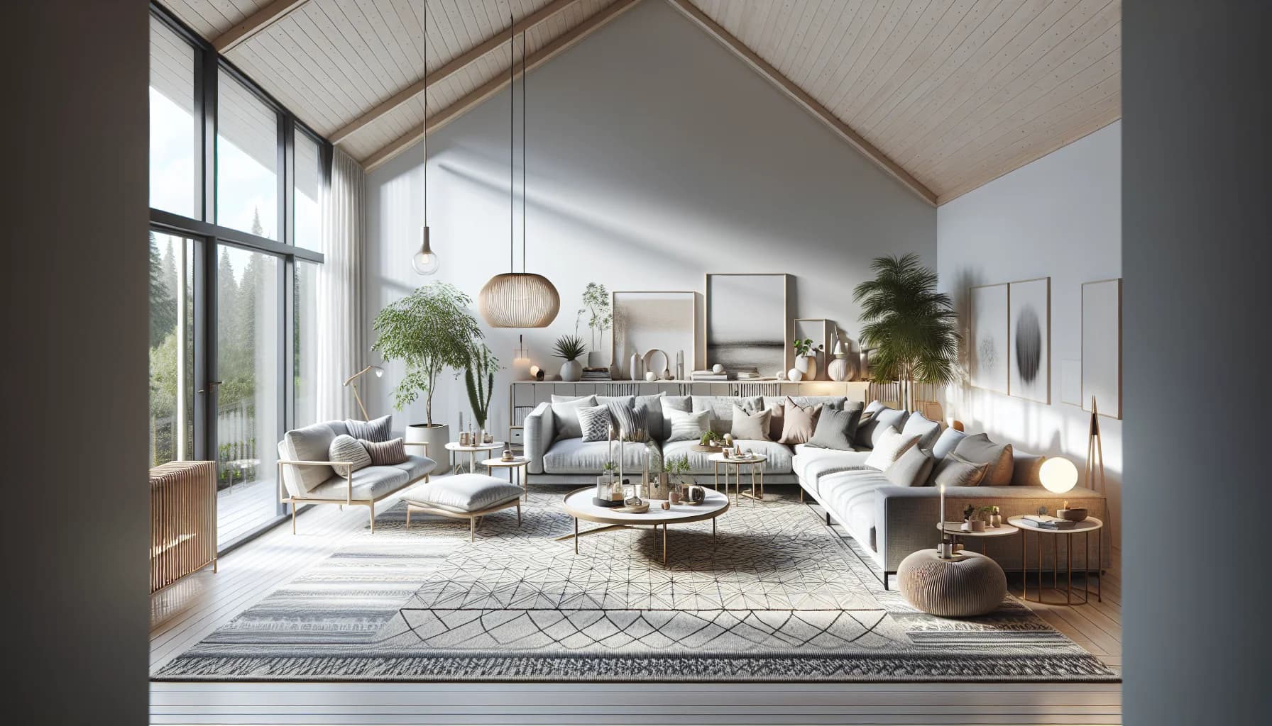 Samma vardagsrum med stor matta 240x340 cm som binder samman alla möbler