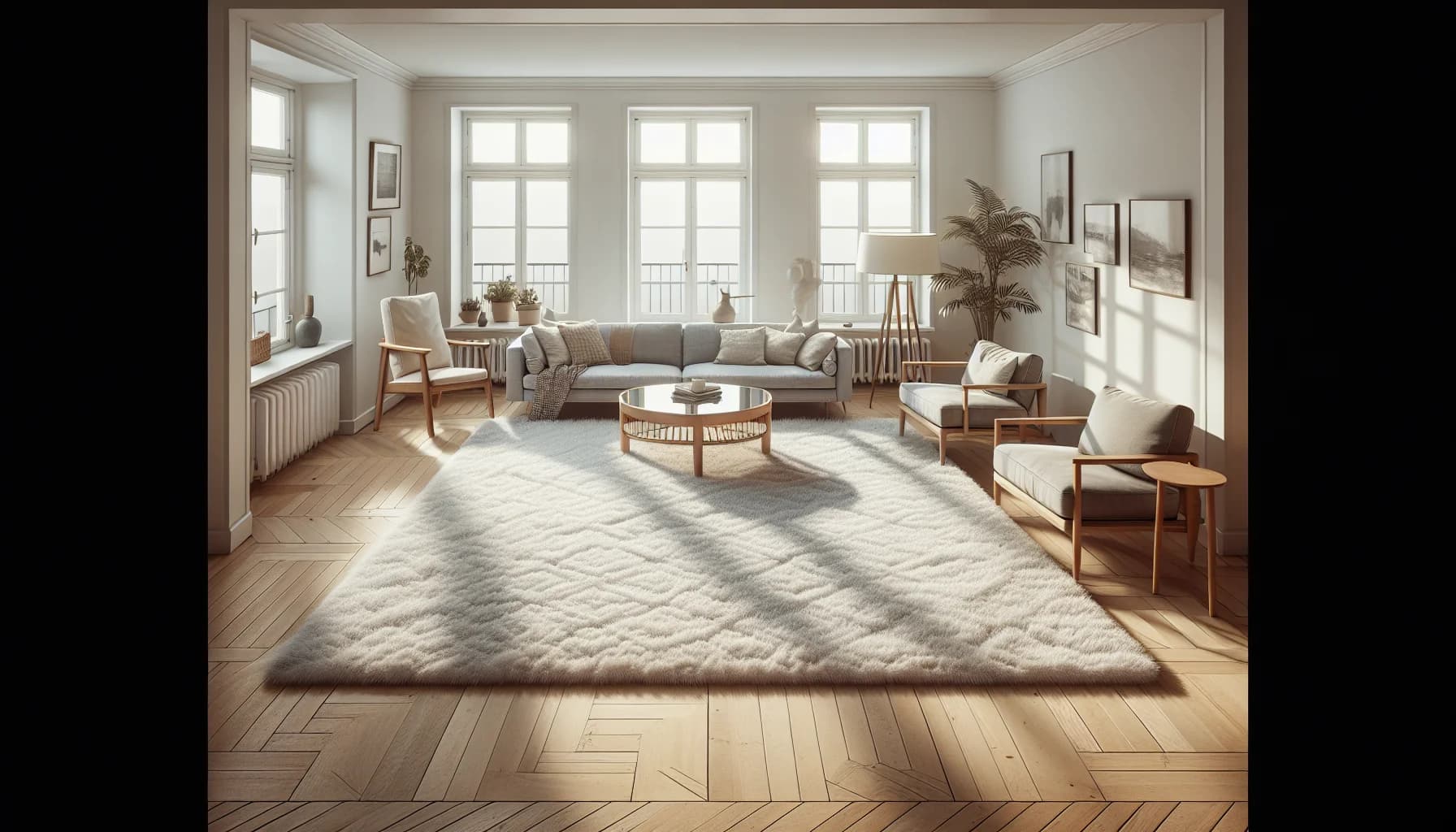 Vardagsrum med för liten matta 160x230 cm som ser ut som en ö mitt i rummet – möbler flyter fritt