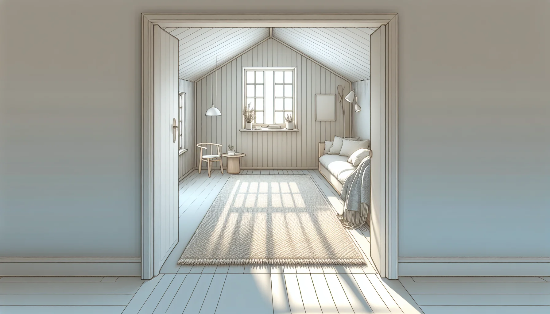 Samma rum med stor ljus matta som täcker det mesta av golvet och gör rummet luftigare