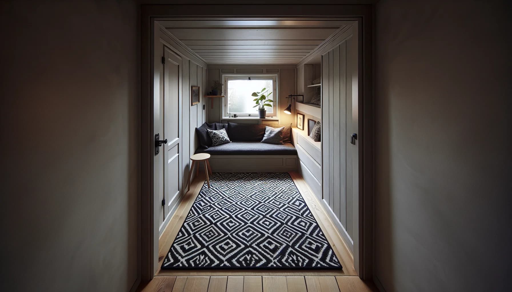 Litet rum med liten mörk mönstrad matta som delar golvet och gör rummet visuellt mindre