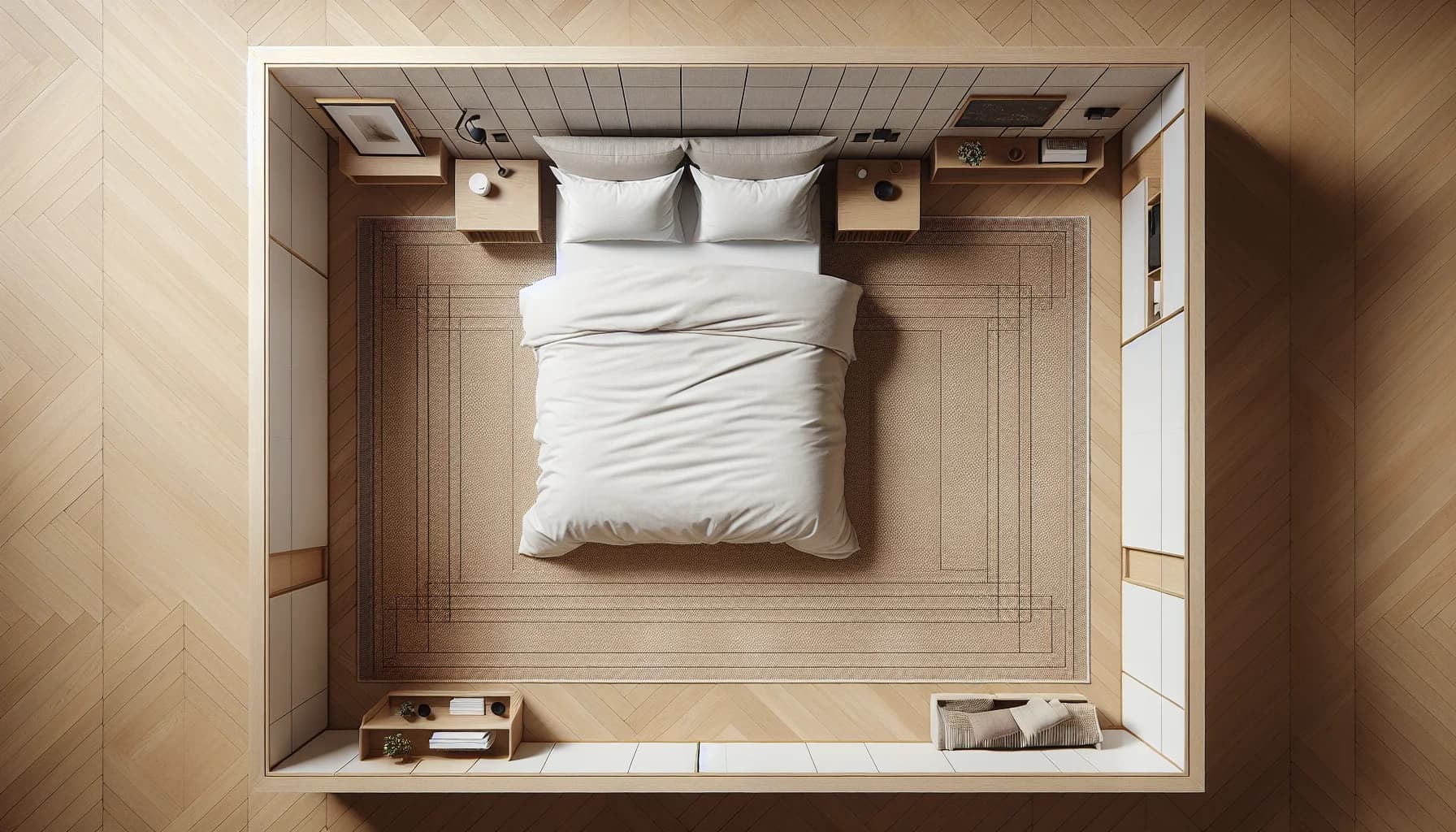 Korrekt placering av stor matta i sovrum – mattan under sängen med 60 cm marginal på varje sida och vid fotändan