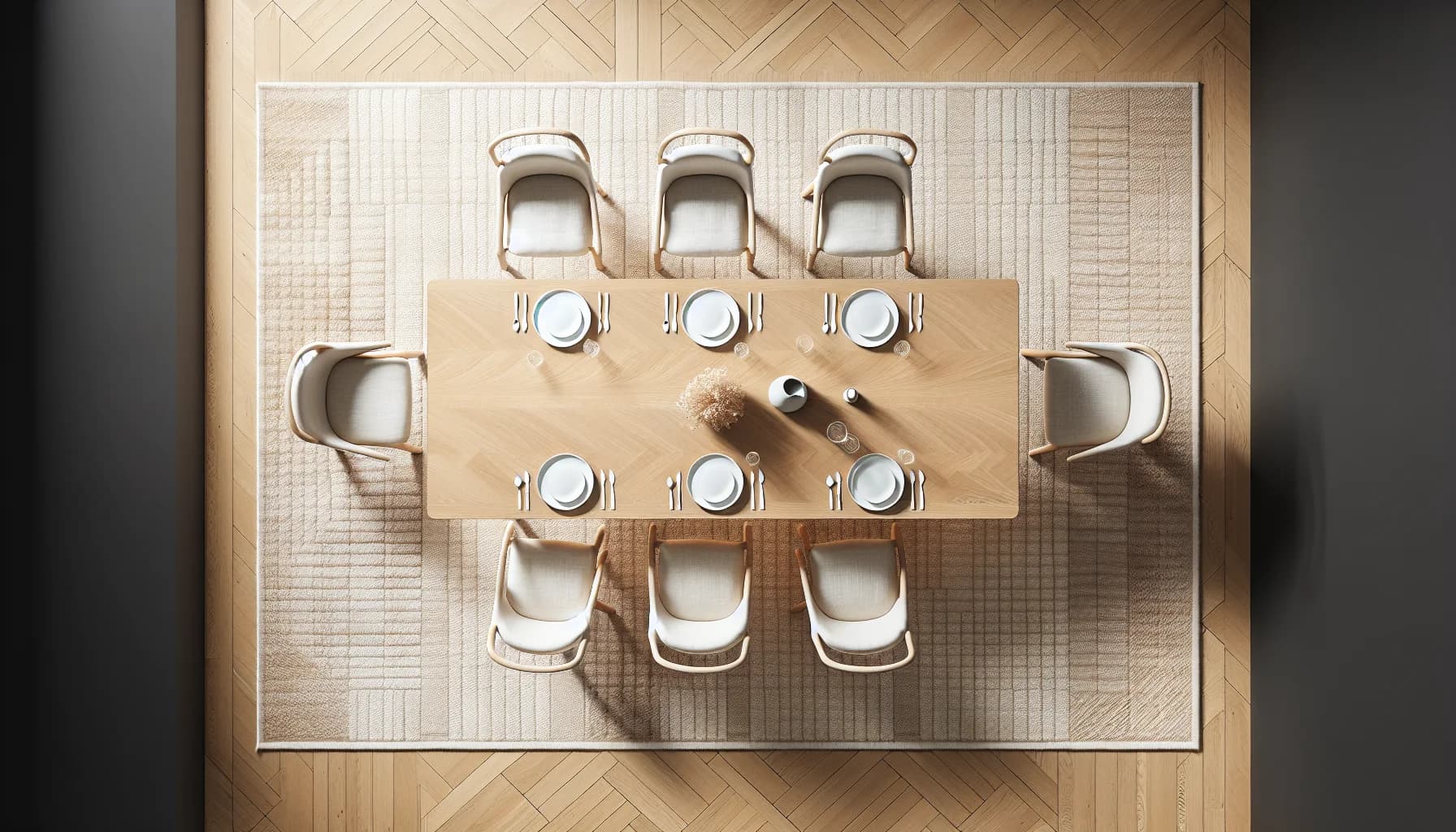 Korrekt placering av stor matta under matbord – stolar utdragna visar 70 cm marginal utanför bordet