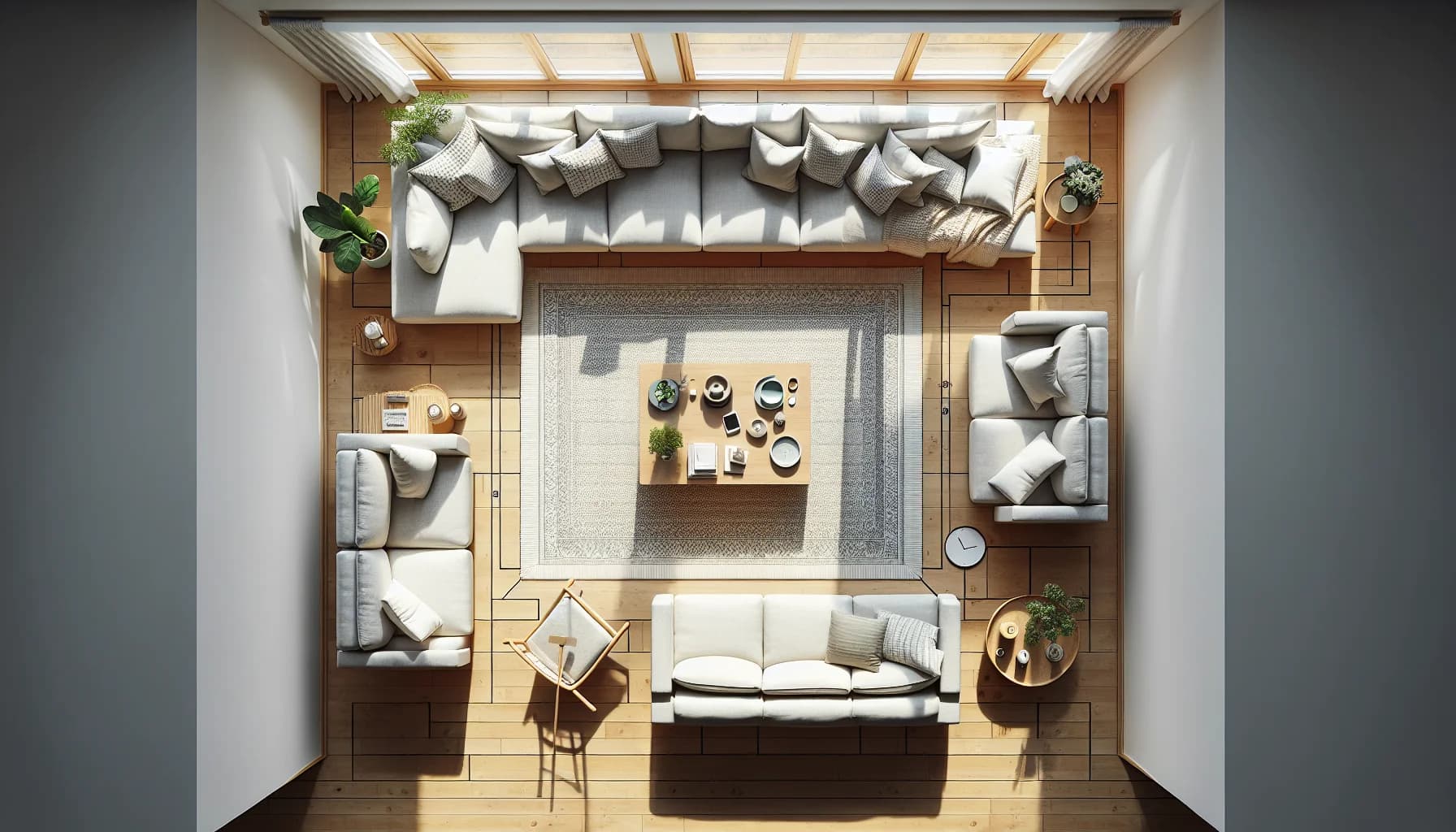 Soffgrupp med stor matta 240x340 cm där alla möblers framben står korrekt på mattan