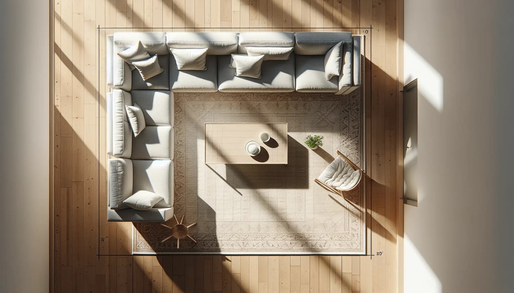 Soffgrupp med för liten matta som bara täcker soffbordet – fåtöljer och soffben utanför mattan