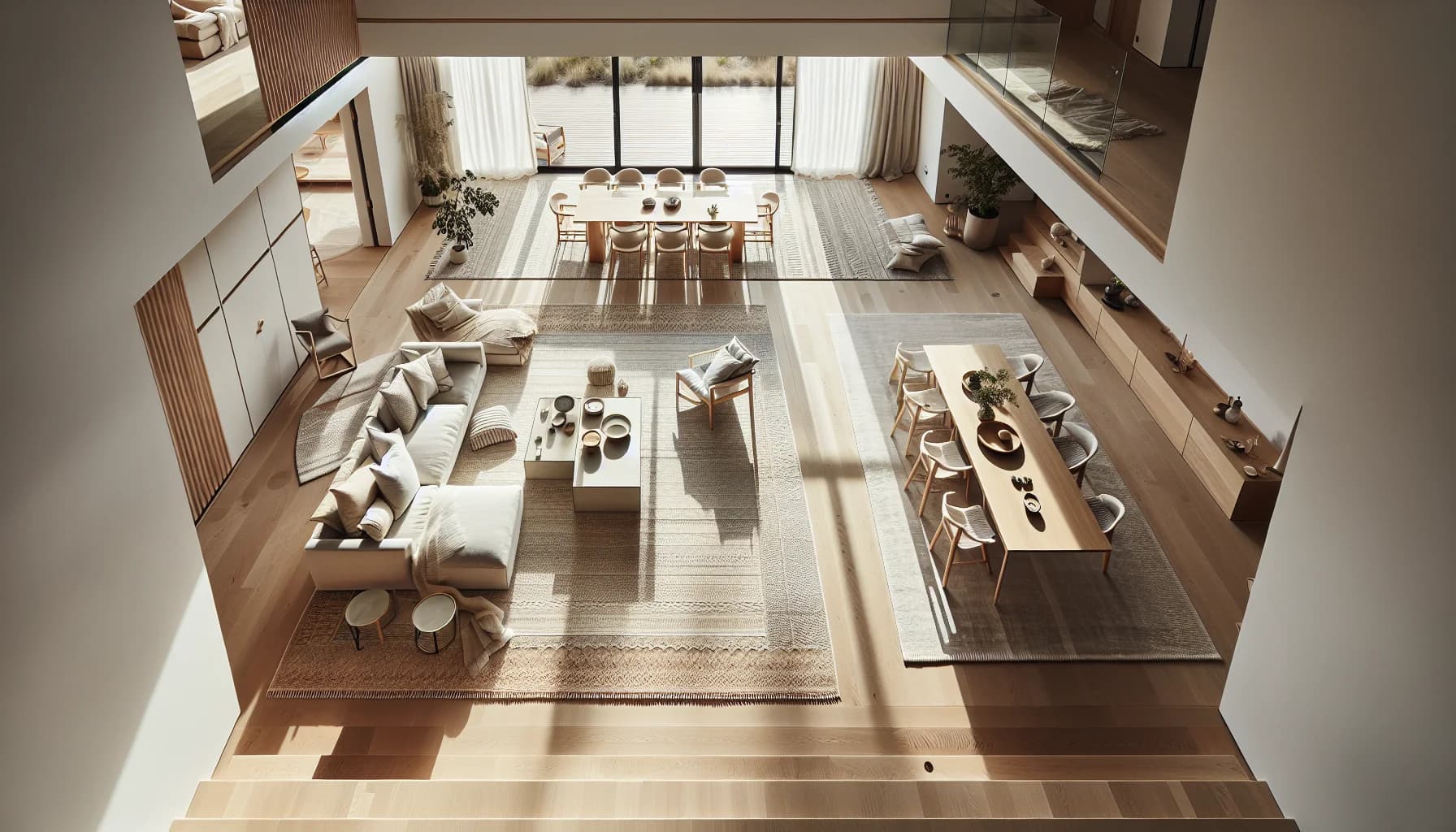 Öppen planlösning med två stora mattor som definierar vardagsrums- och matplatszon – 30 cm golv mellan mattorna