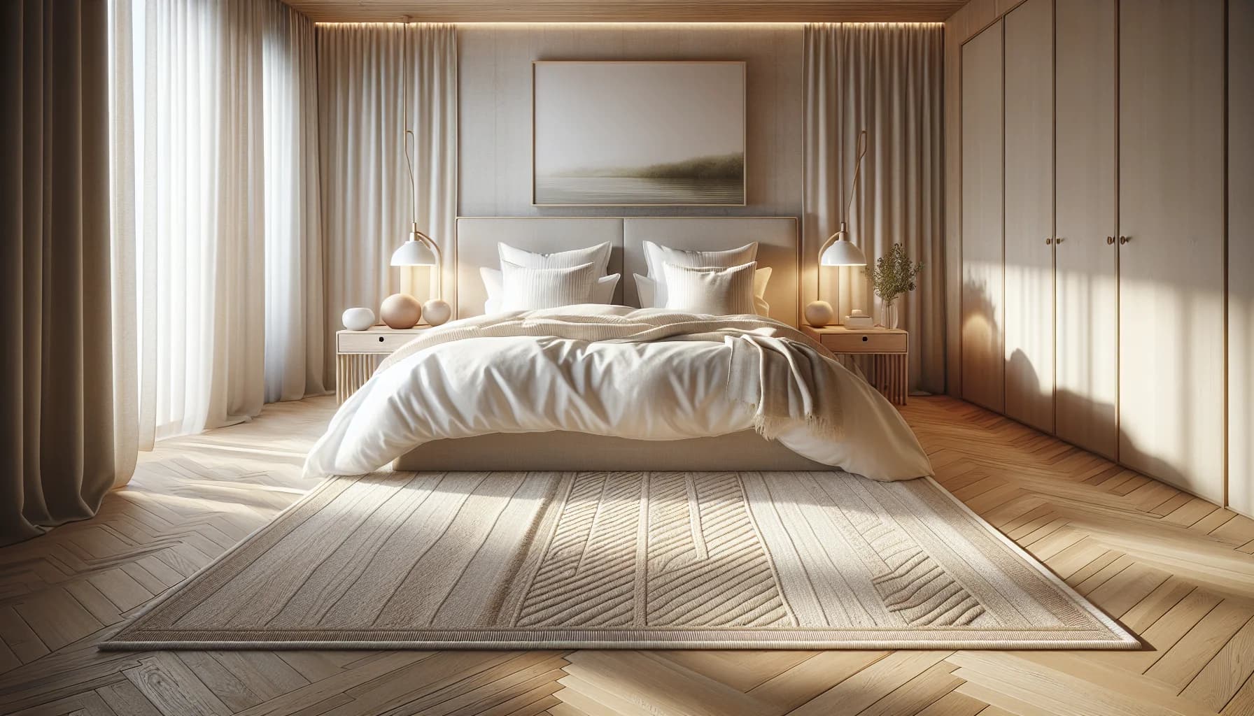 Stor matta i sovrum under dubbelsäng – 240x340 cm matta med 60 cm marginal på varje sida i ljust sovrum