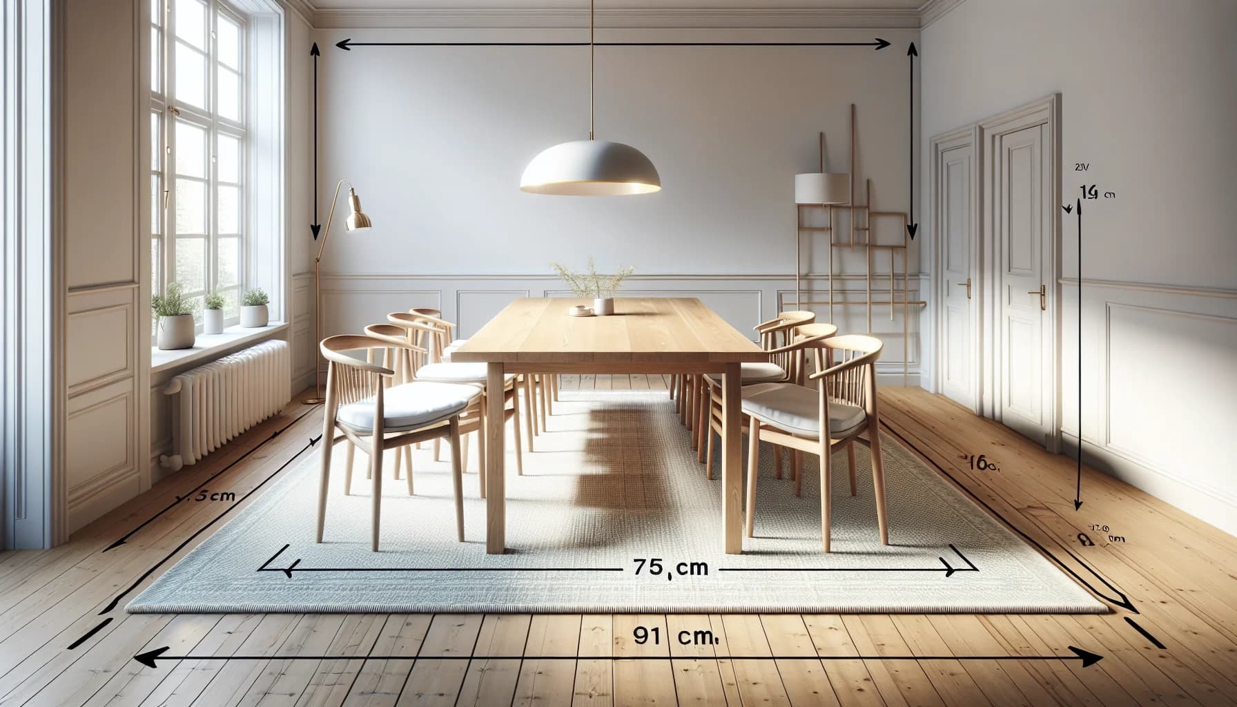 Stor matta under matbord med 6 stolar – alla stolsben på mattan även i utdraget läge i ljus matplats