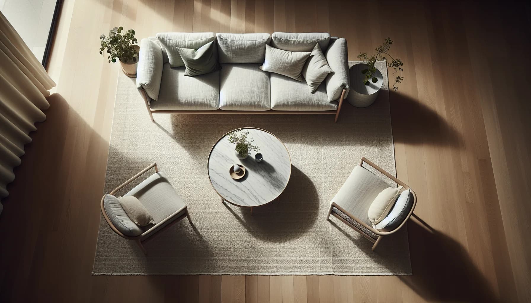 Stor matta under soffgrupp med soffa, två fåtöljer och soffbord – alla framben på mattan i modernt vardagsrum