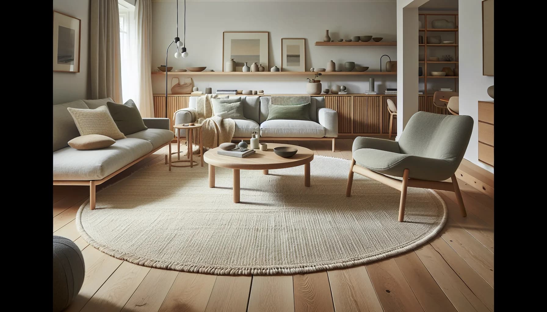 Stor matta i vardagsrum med soffgrupp – 240x340 cm matta under soffa och fåtöljer i ljust skandinaviskt hem