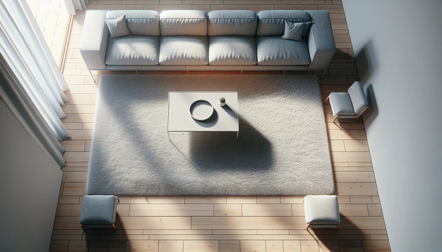 Vardagsrum med för liten matta 160x230 cm som bara täcker soffbordet – soffans ben och fåtöljer utanför