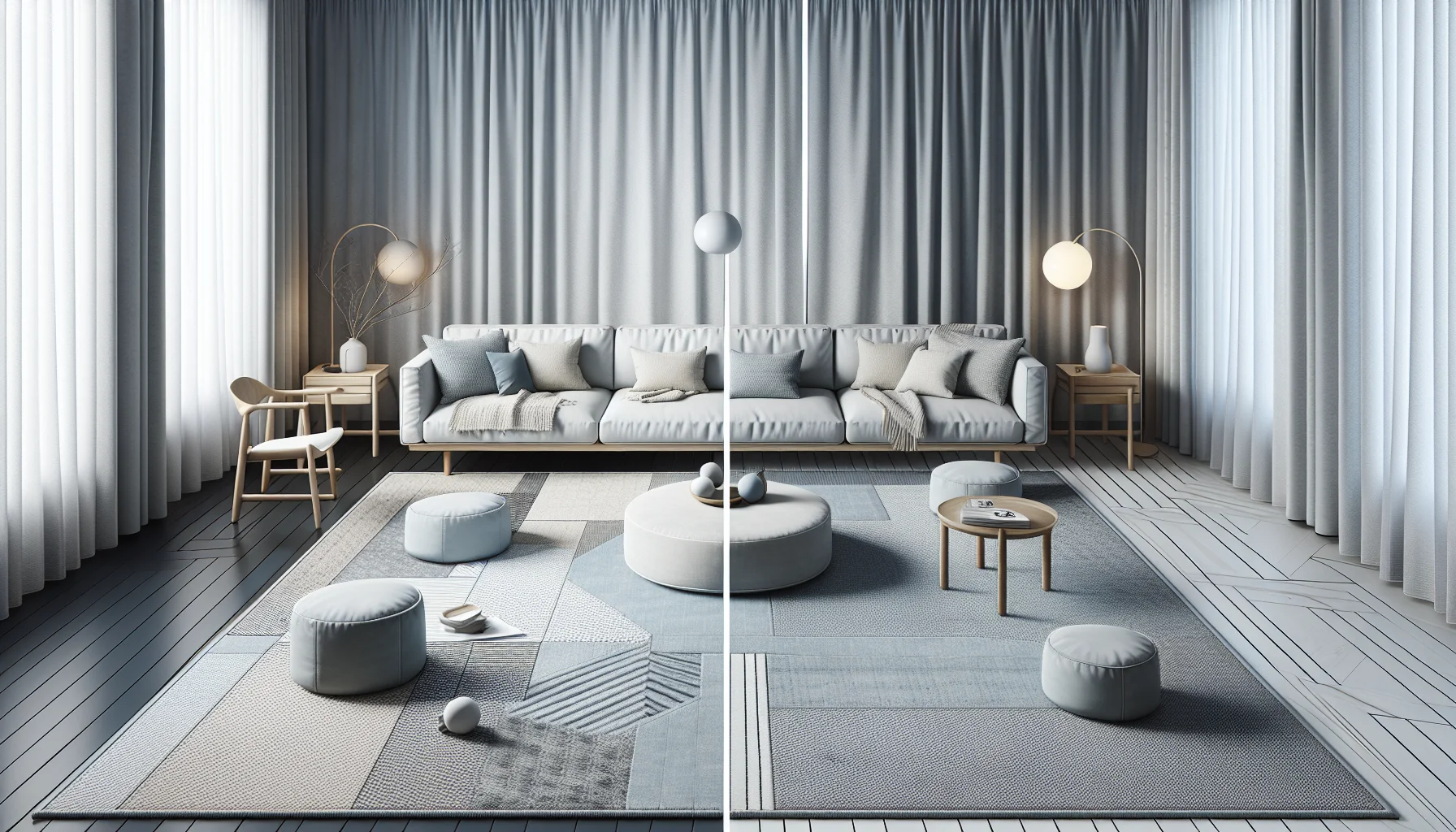 Jämförelse av matta 200x300 cm och 240x340 cm sida vid sida i samma vardagsrum – visar storleksskillnaden