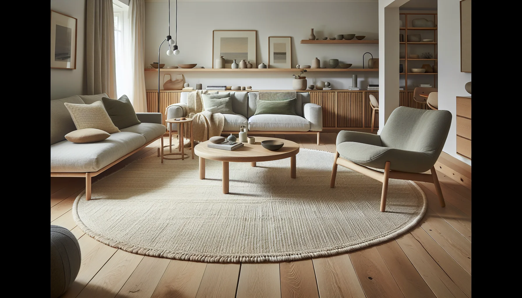 Stor matta i vardagsrum med soffgrupp – 240x340 cm matta under soffa och fåtöljer i ljust skandinaviskt hem